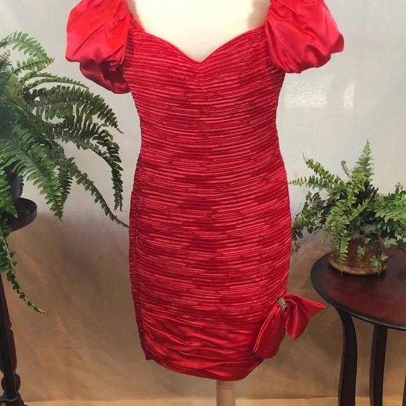 Vintage Lillie Rubin Couture Designer Red Pleated Satin Dress Women’s XS/S 2-4 - Picture 4 of 16